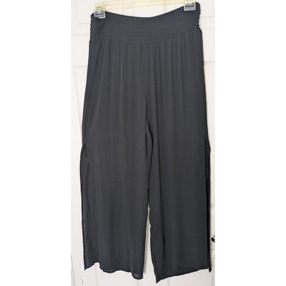 Womens Beach Pants Cover Up Black Small 4-6 Elastic Waist Side Slits